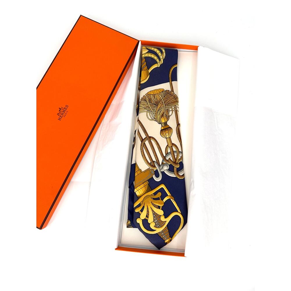 Hermès Paris Vintage 100% Silk Tie Navy Gold Tassel Rope Print w / box